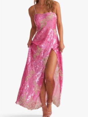 LoveShackFancy Alida Pink Sequin Floral Maxi Dress with High Slit